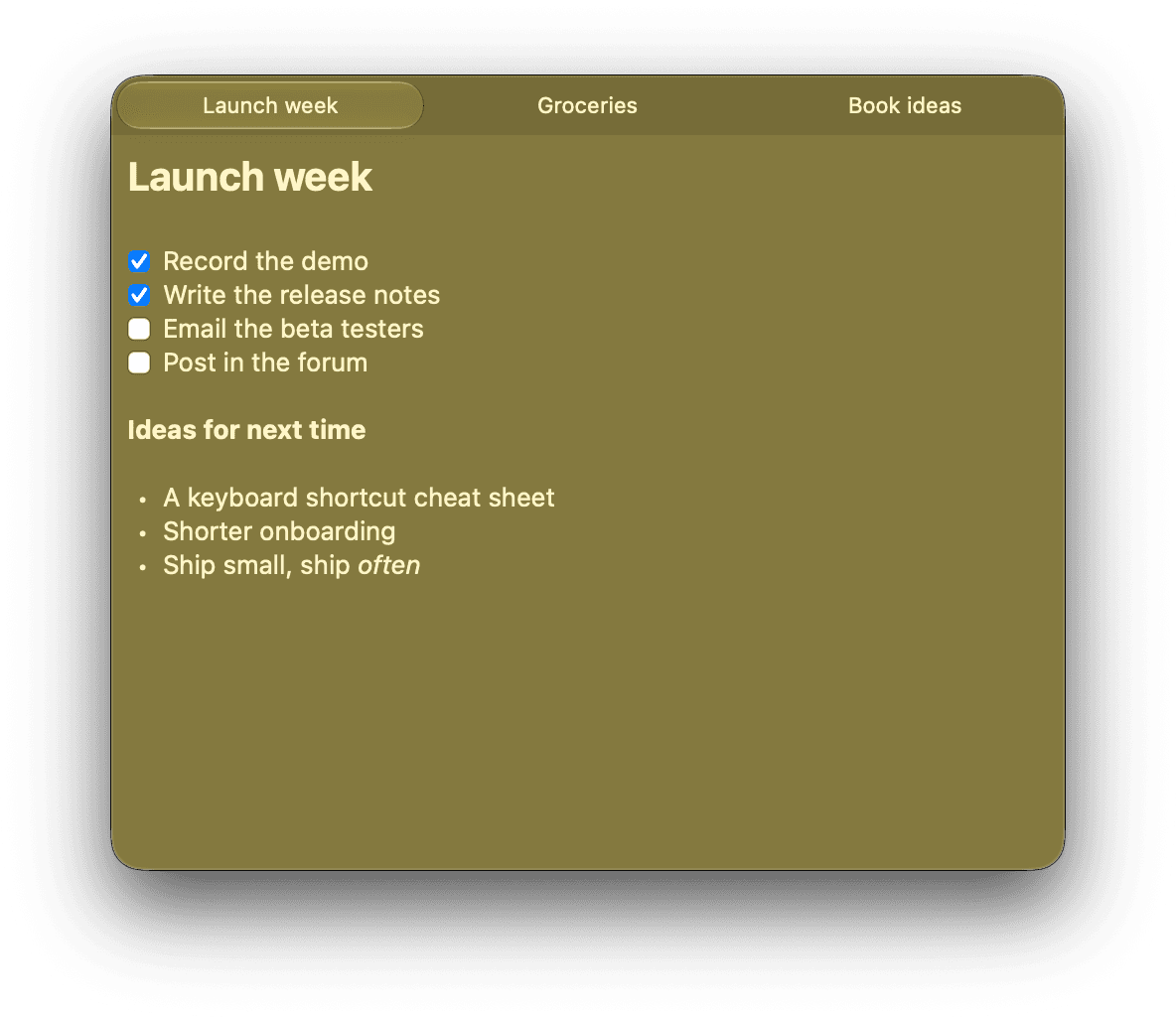 The Roughpad note window with three tabs, showing a checklist and a bulleted list.