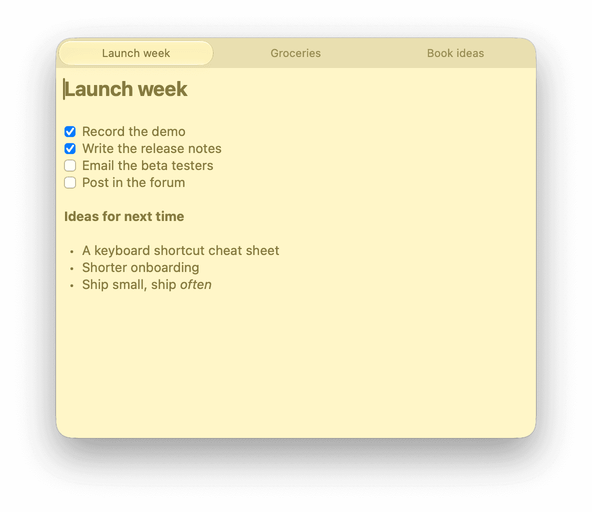 The Roughpad note window with three tabs, showing a checklist and a bulleted list.