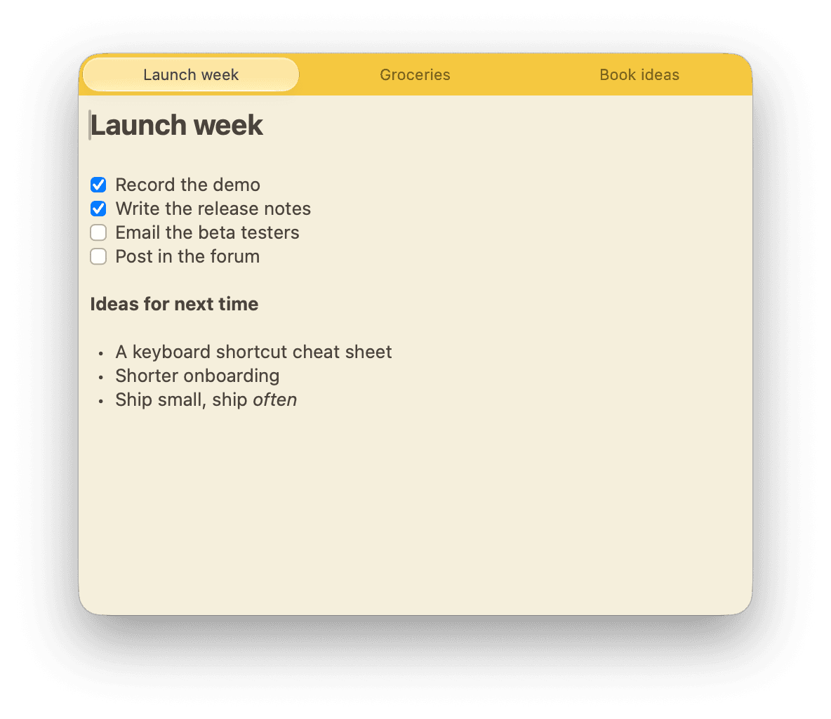 The Roughpad note window with three tabs, showing a checklist and a bulleted list.